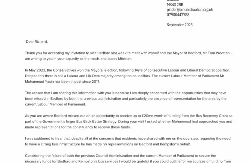 Letter to Richard Holden MP from the Prospective Member of Parliament for Bedford